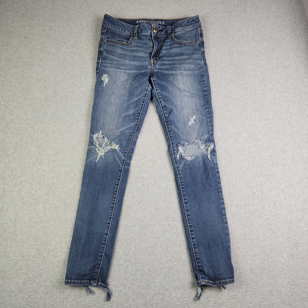 American Eagle Jegging Jeans Womens 8 Blue Super Stretch Boho Distressed Raw Hem